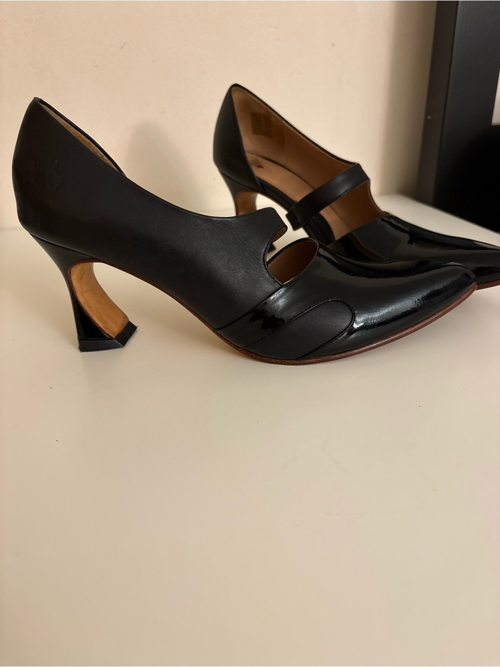 John Fluevog Earhart D'Orsay pumps in black, featuring a glossy patent leather 9